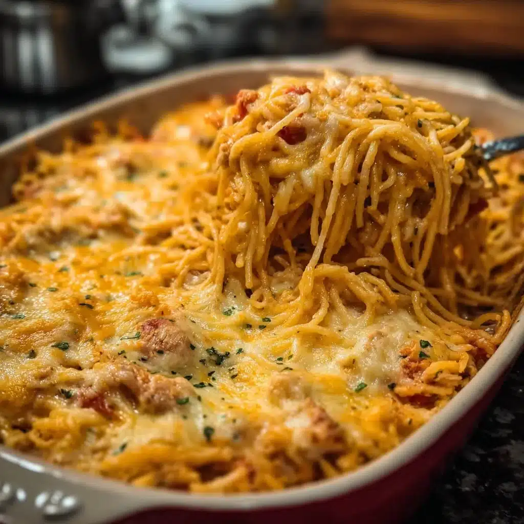 Spicy Southern Cheesy Chicken Spaghetti Casserole topped with cheese