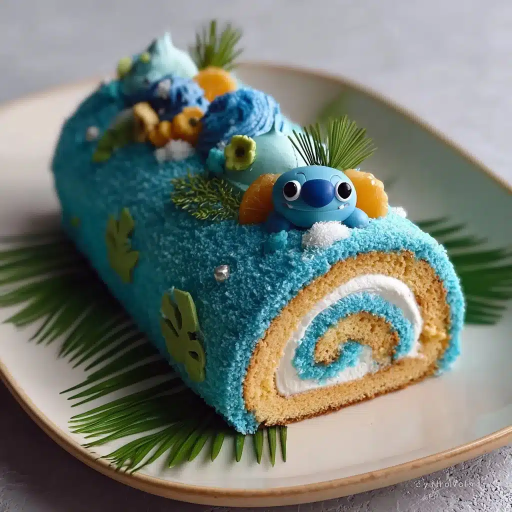 Stitch-Inspired Tropical Blue Cake Roll with colorful decoration