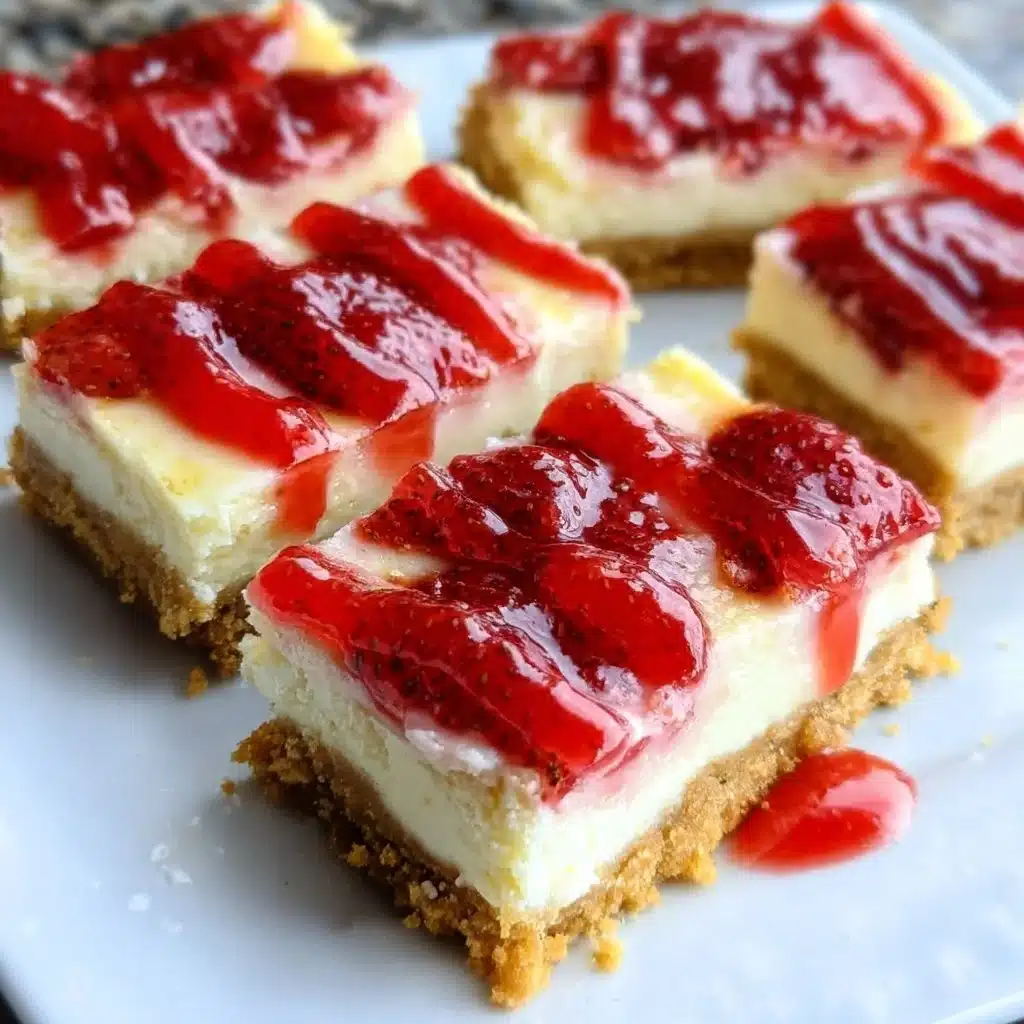 Delicious Strawberry Cheesecake Bars on a white plate with fresh strawberries