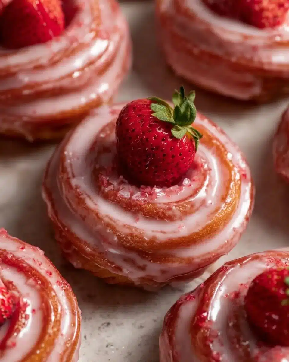 Delicious strawberry glazed French crullers topped with icing and sprinkles
