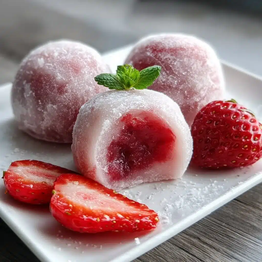 Delicious Strawberry Mochi dessert featuring sweet glutinous rice and fresh strawberries.
