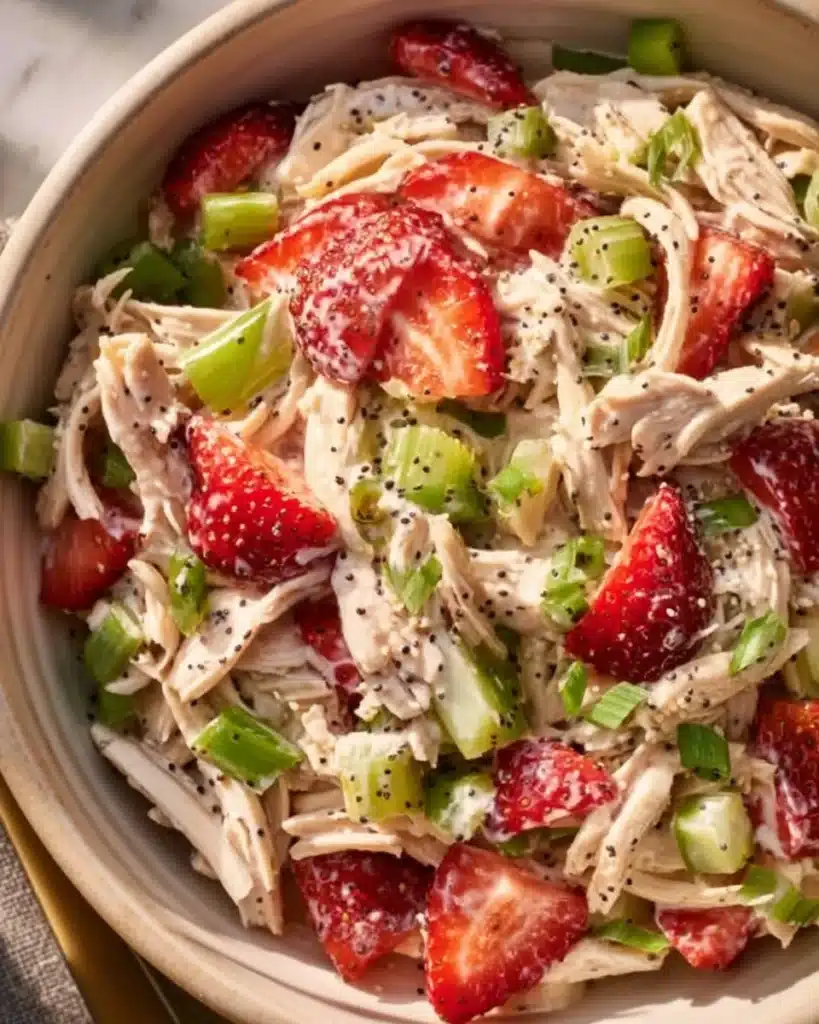 Strawberry Pecan Poppy Seed Chicken Salad served in a bowl