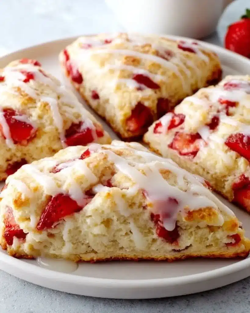 Freshly baked strawberry scones with strawberries on a plate
