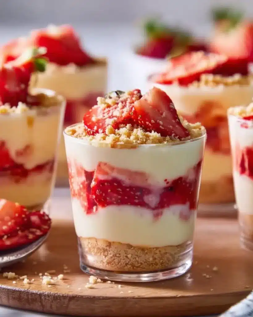 Delicious strawberry shortcake pudding cups with fresh strawberries and cream