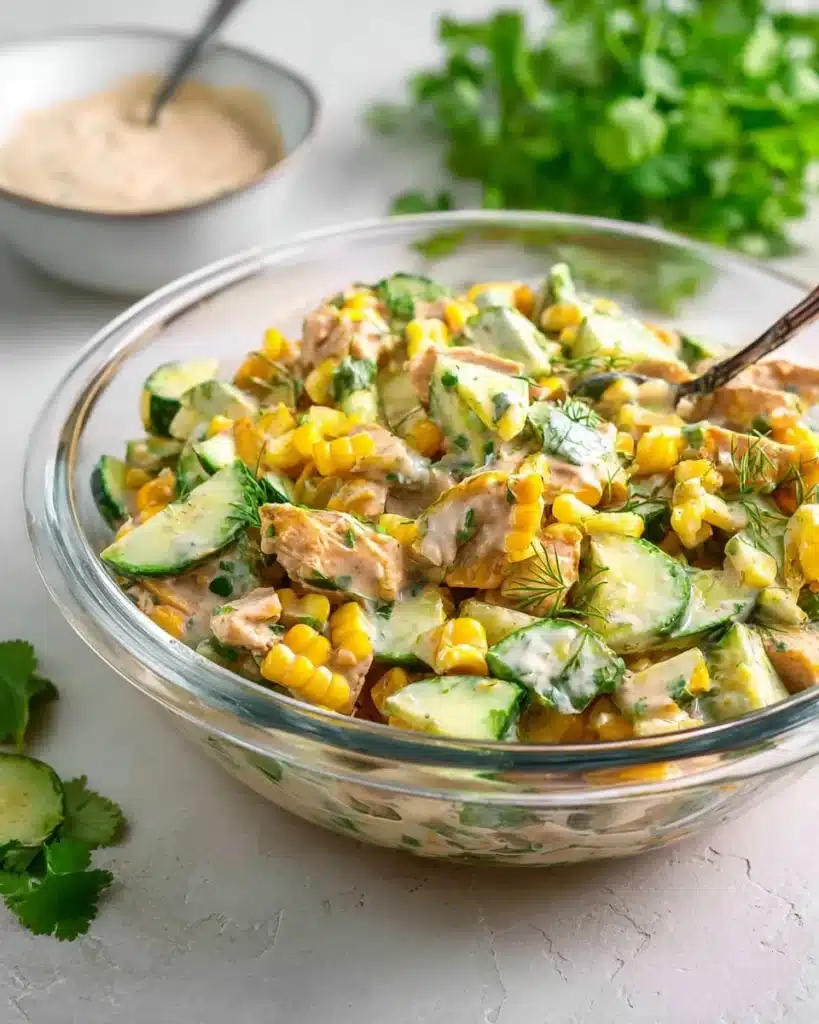 Delicious Street Corn Salad with creamy cucumbers served in a bowl