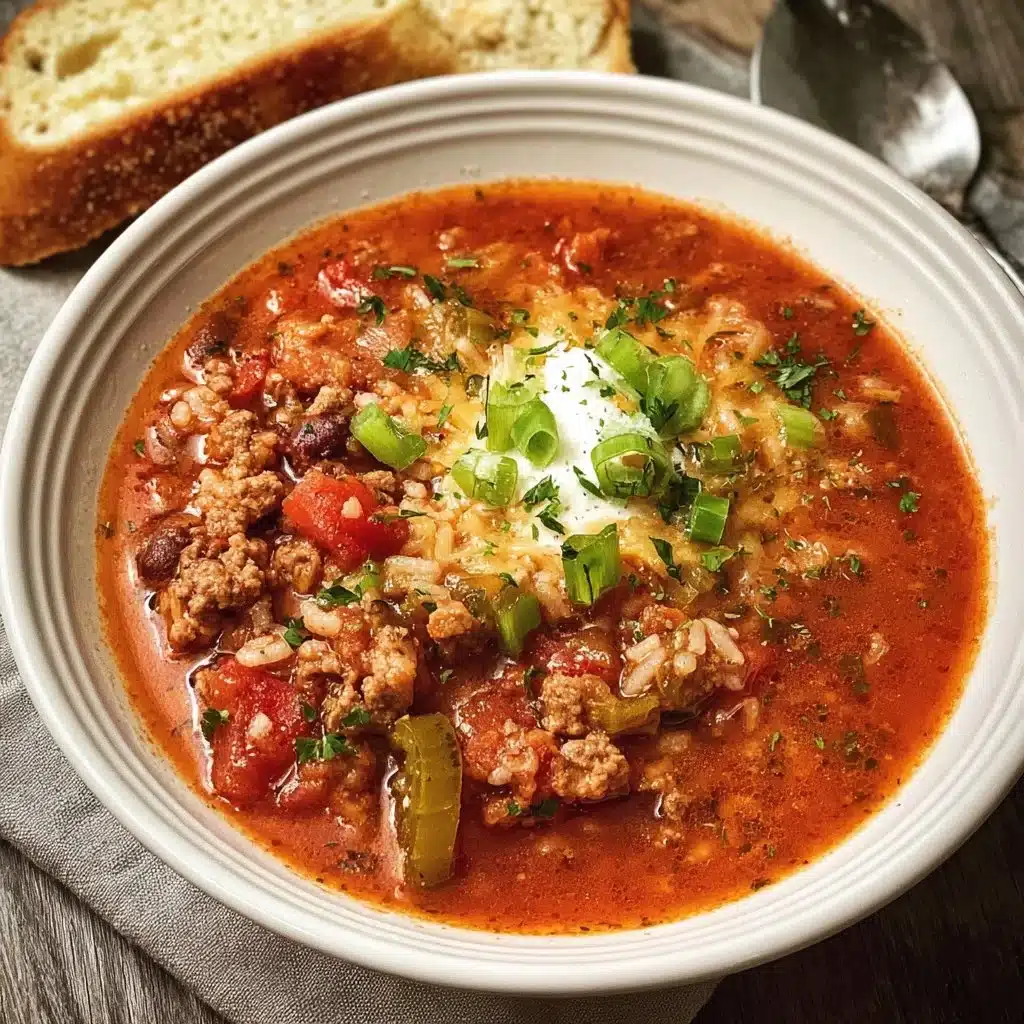 Bowl of stuffed chile soup with colorful ingredients and toppings