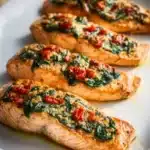 Stuffed salmon fillet with spinach and feta cheese, ready in 30 minutes.