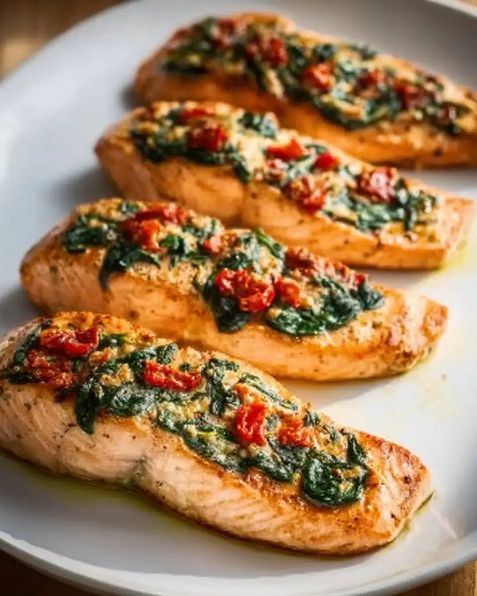 Stuffed salmon fillet with spinach and feta cheese, ready in 30 minutes.