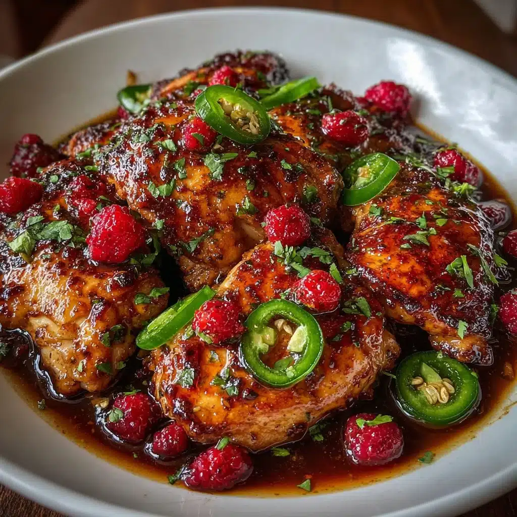 Sweet and Spicy Jalapeno Raspberry Chicken on a plate for a quick dinner.