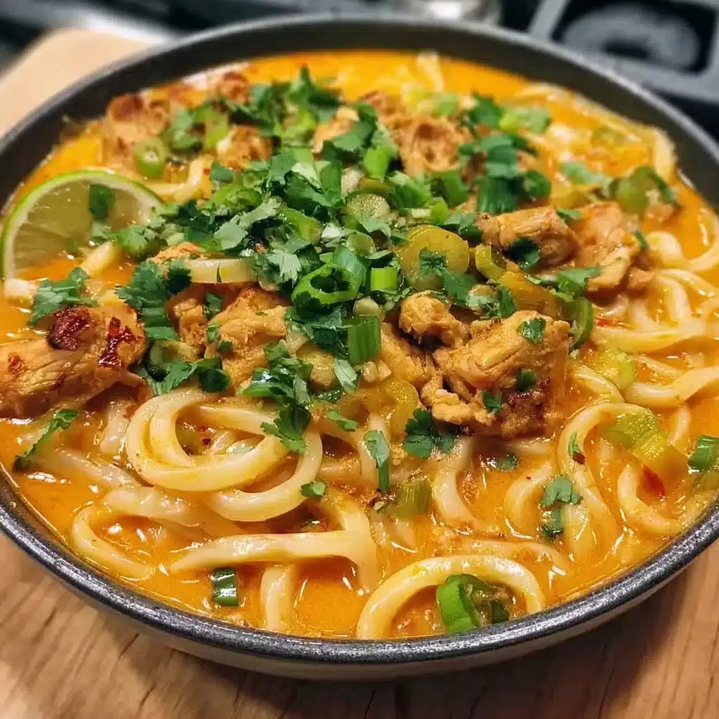 Bowl of Thai-inspired coconut red curry chicken udon with fresh vegetables