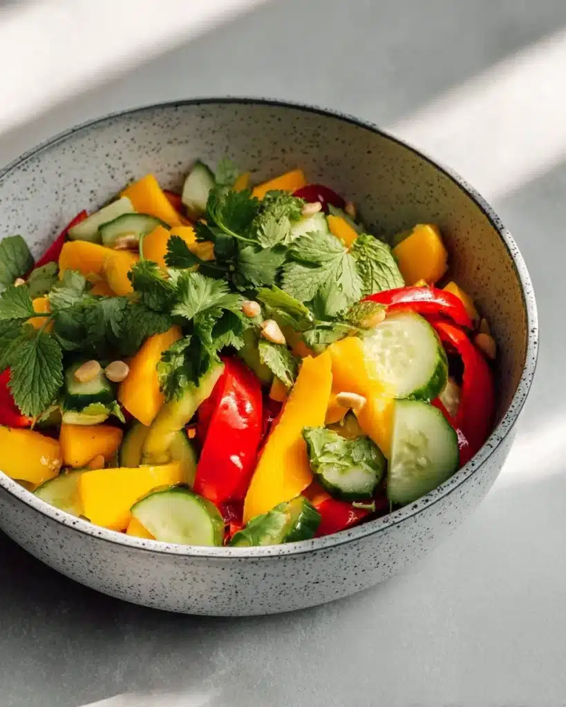 A colorful bowl of Thai Mango Salad with fresh mango, herbs, and vegetables.