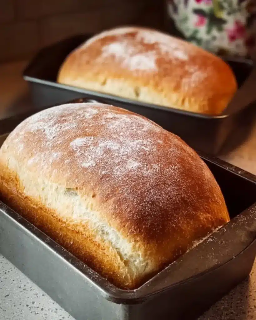 Homemade white bread loaf fresh out of the oven with golden crust.