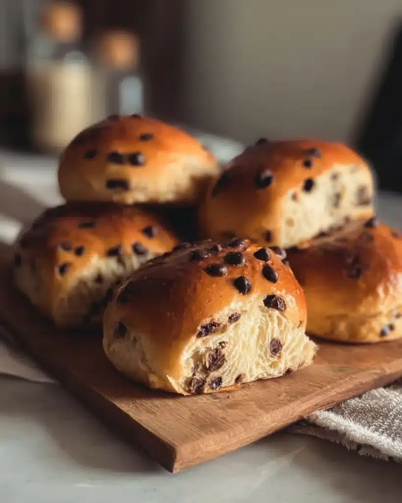 Fluffy chocolate chip milk buns fresh out of the oven
