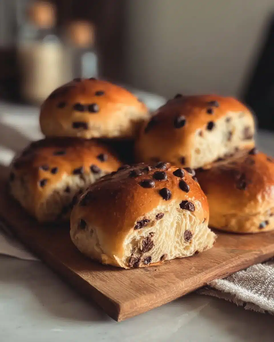Fluffy chocolate chip milk buns fresh out of the oven
