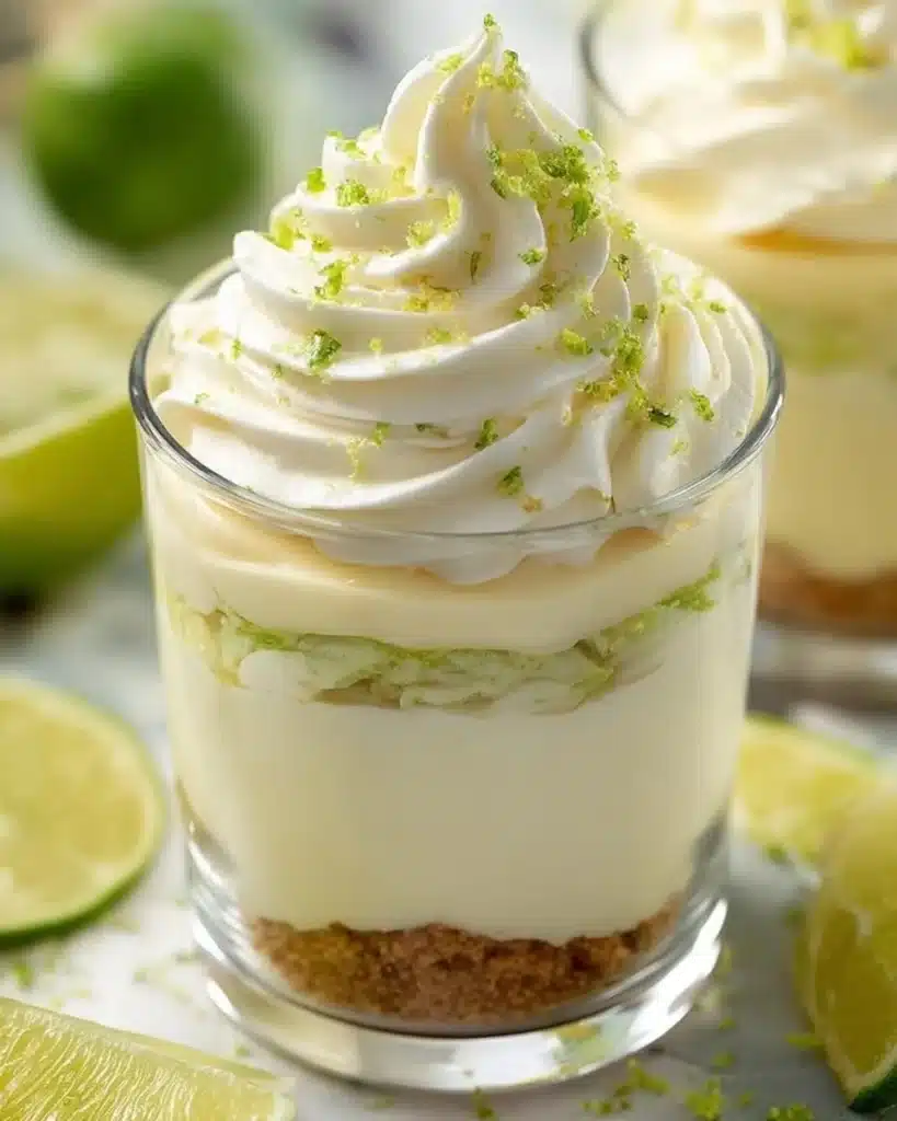 Delicious Key Lime Cheesecake Parfaits in clear glasses with lime garnish.