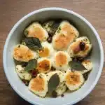 Plate of Vegan Pesto Cauliflower Gnocchi with fresh basil and pine nuts