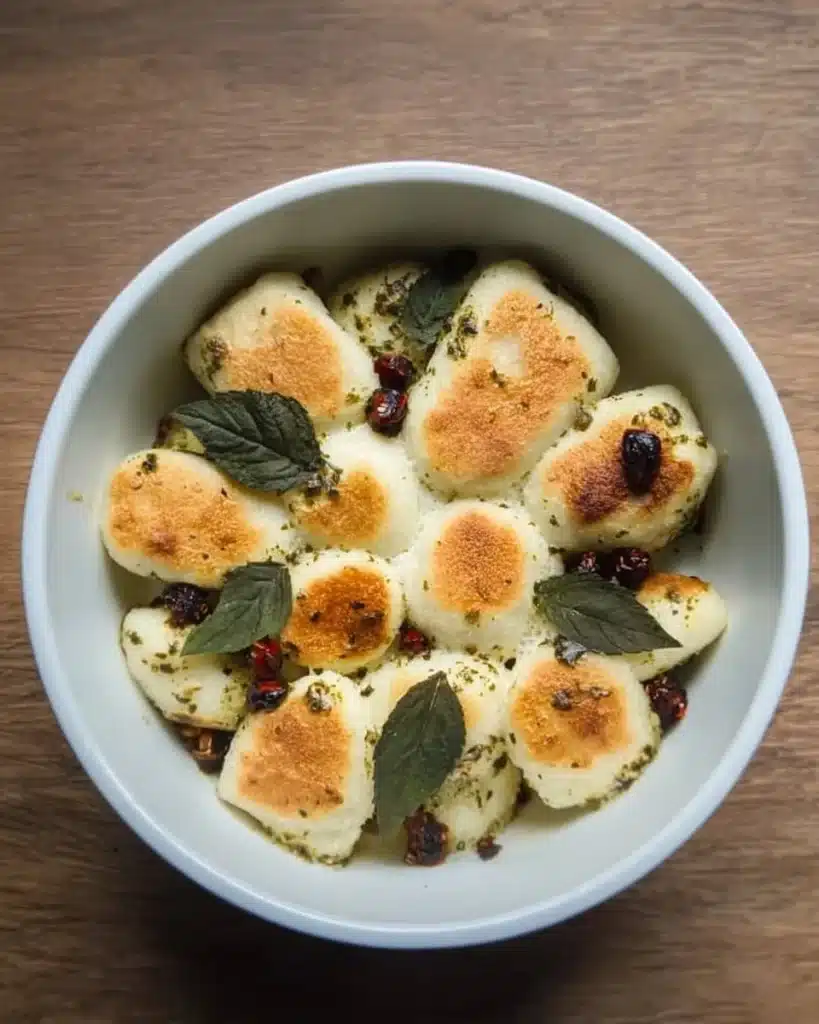 Plate of Vegan Pesto Cauliflower Gnocchi with fresh basil and pine nuts