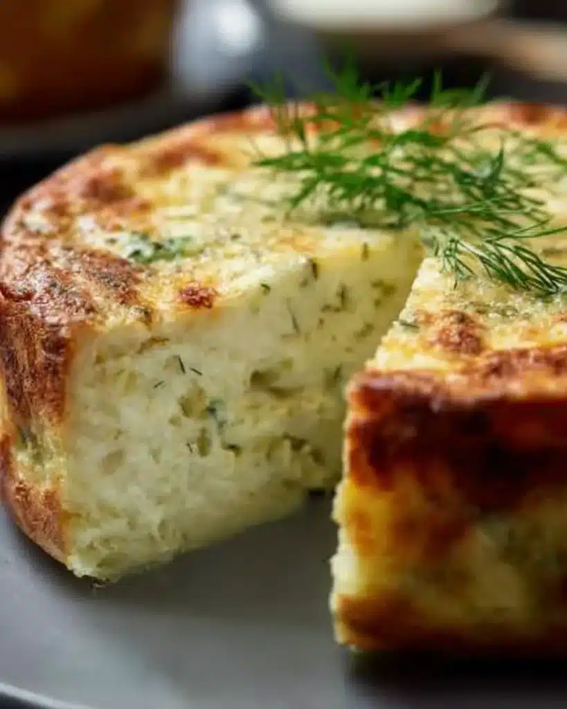 Slice of Zucchini Ricotta Cheesecake garnished with mint leaves