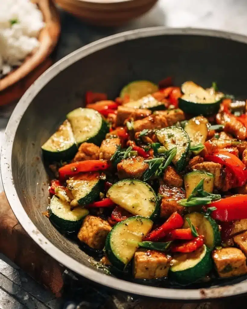 Colorful zucchini stir fry with fresh vegetables in a skillet