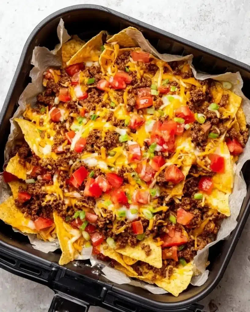 Deliciously crispy Air Fryer Nachos topped with cheese and jalapeños.