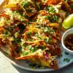 Delicious Chicken Wonton Tacos from Applebee's served with dipping sauce