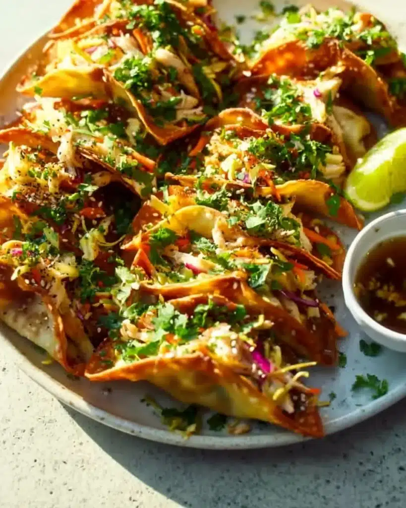 Delicious Chicken Wonton Tacos from Applebee's served with dipping sauce
