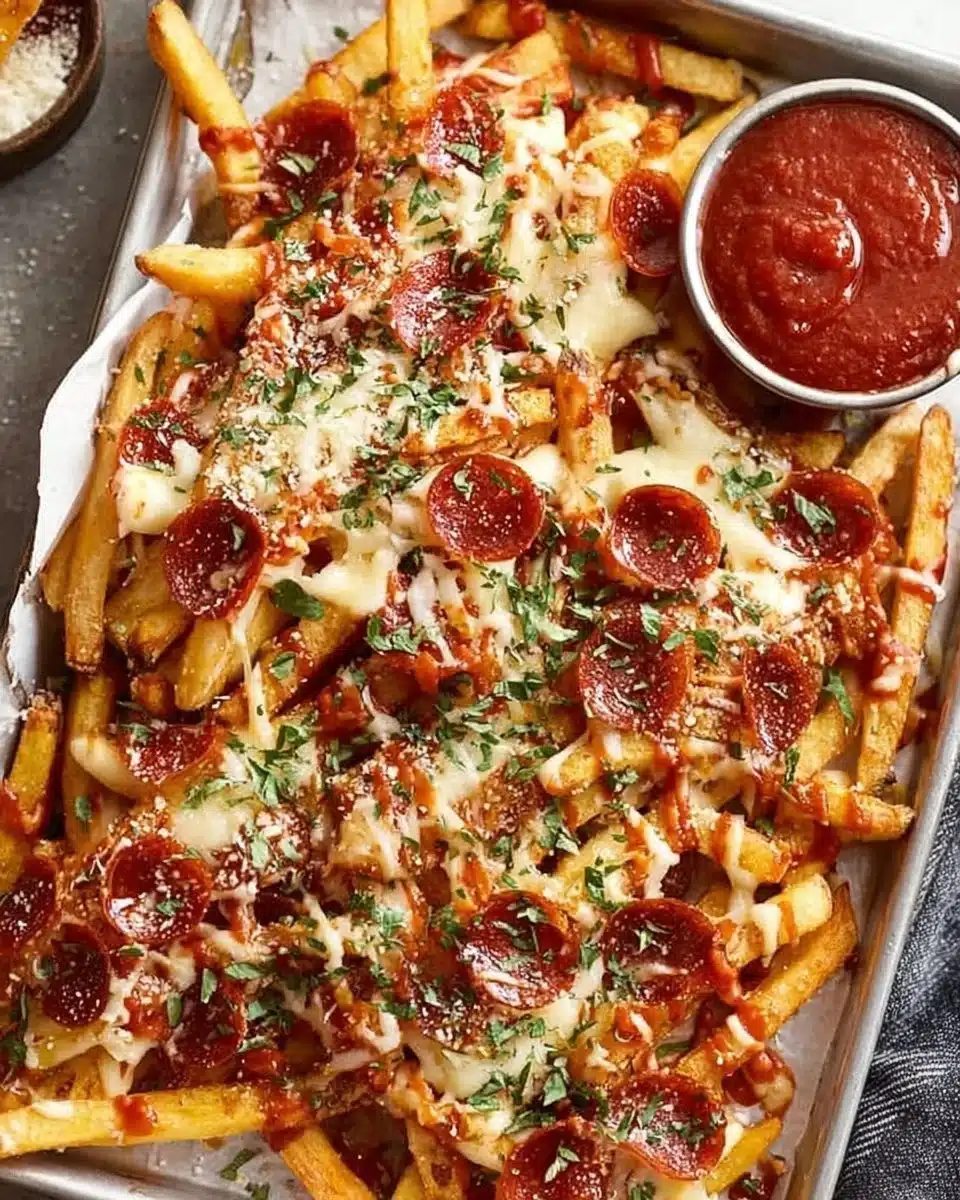 Delicious baked pizza fries topped with cheese and pepperoni served on a plate