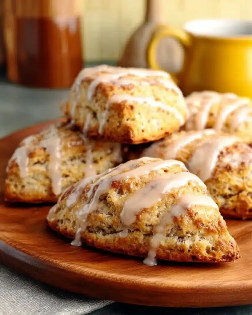 Delicious banana bread scones topped with cinnamon cream cheese glaze
