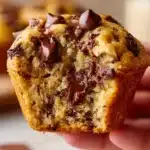 Freshly baked Banana Chocolate Chip Muffins on a wooden table