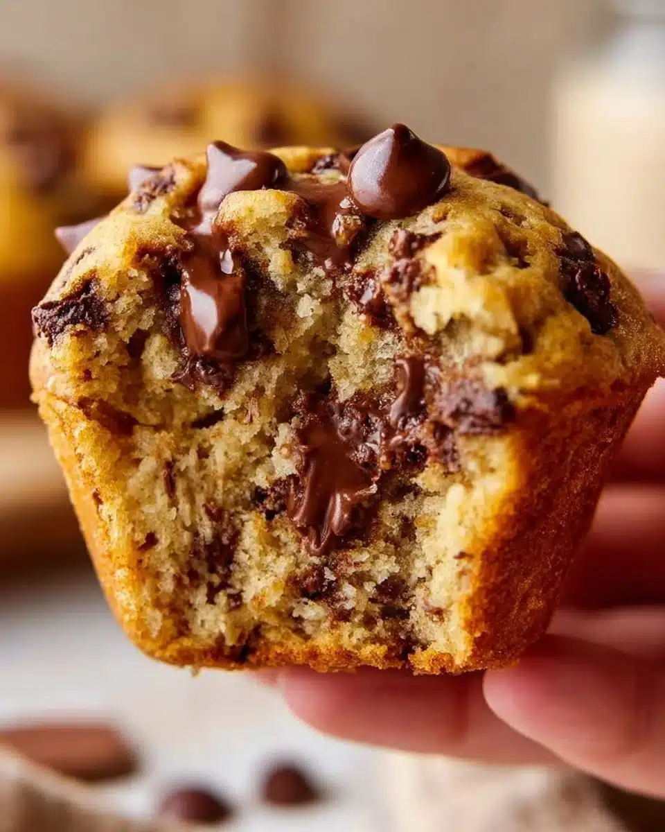 Freshly baked Banana Chocolate Chip Muffins on a wooden table