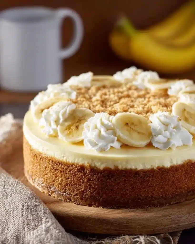 Slice of Banana Cream Cheesecake topped with banana slices and whipped cream