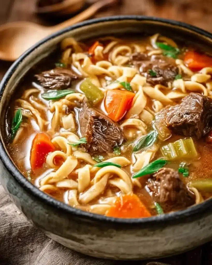 Delicious bowl of beef noodle soup garnished with herbs and spices