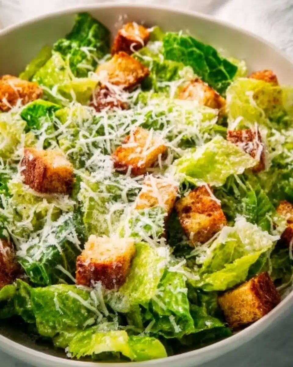 Fresh Caesar salad with romaine lettuce and creamy dressing