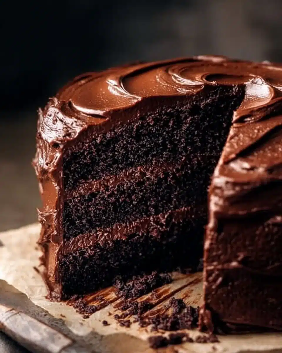 Delicious slice of the best chocolate cake topped with chocolate ganache.