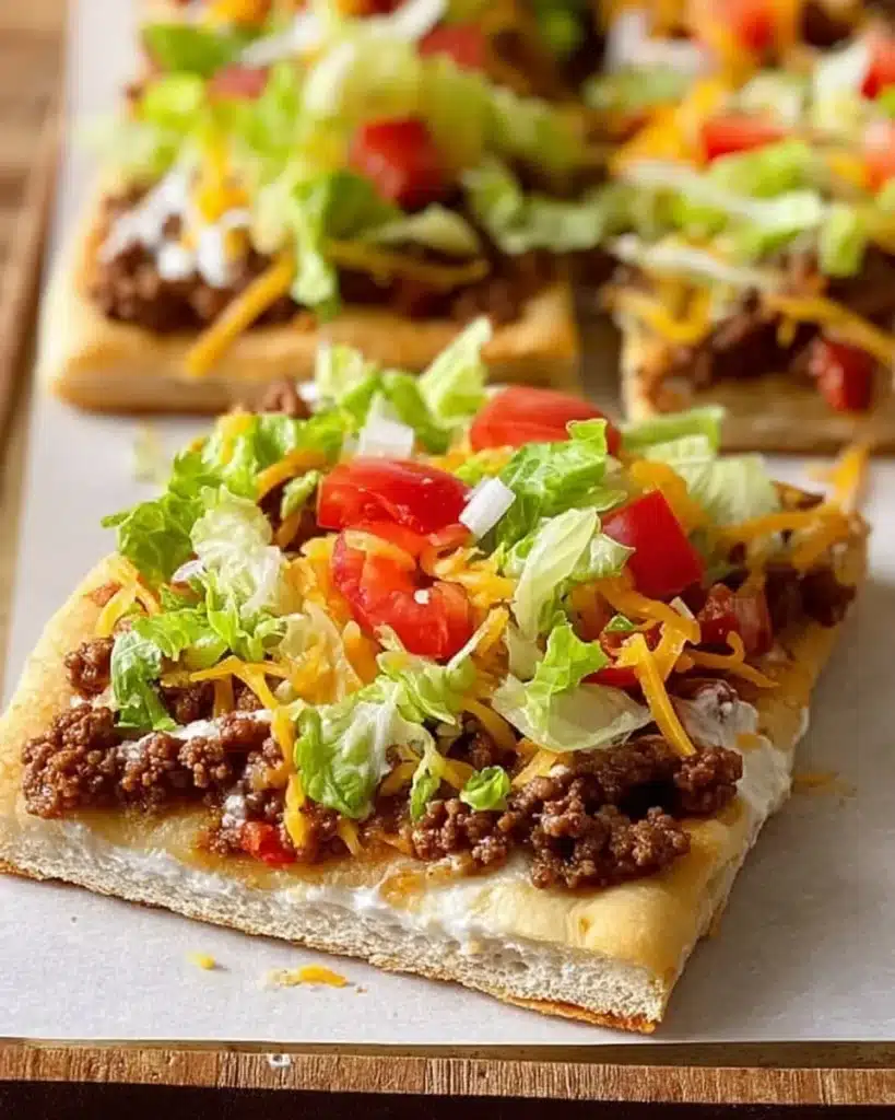 Best Crescent Roll Taco Pizza topped with fresh ingredients and cheese