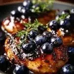 Juicy blueberry thyme chicken garnished with fresh thyme and blueberries
