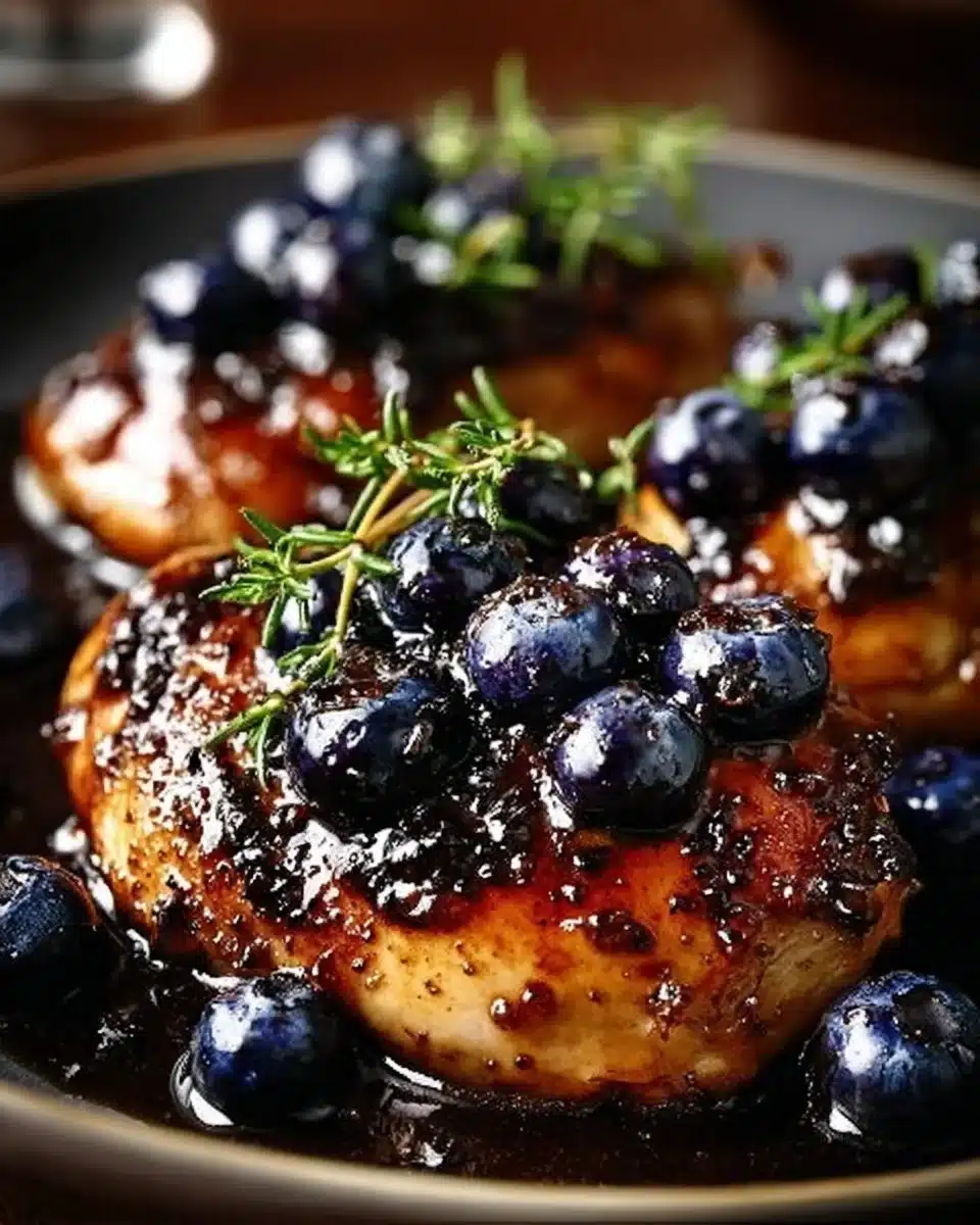 Juicy blueberry thyme chicken garnished with fresh thyme and blueberries