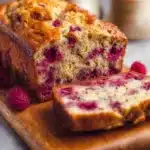 Delicious homemade raspberry bread with fresh raspberries and a golden-brown crust.