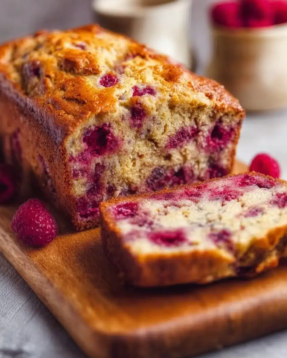 Delicious homemade raspberry bread with fresh raspberries and a golden-brown crust.