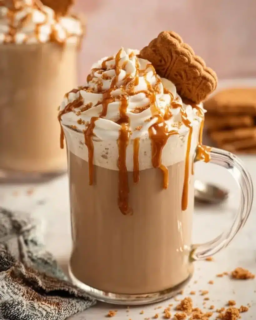 Biscoff Cookie Butter Latte garnished with a cinnamon stick and whipped cream