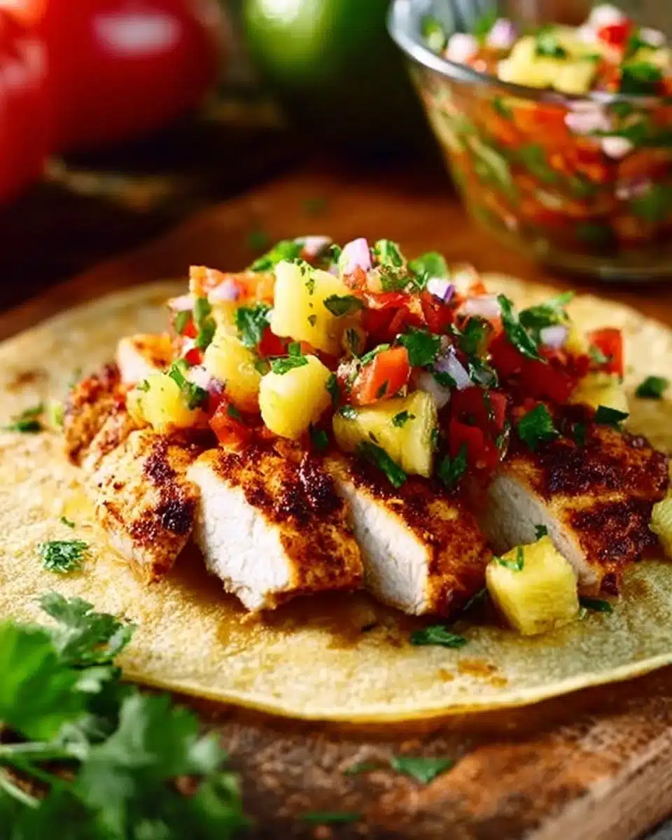 Blackened chicken tacos topped with vibrant pineapple salsa on a wooden plate