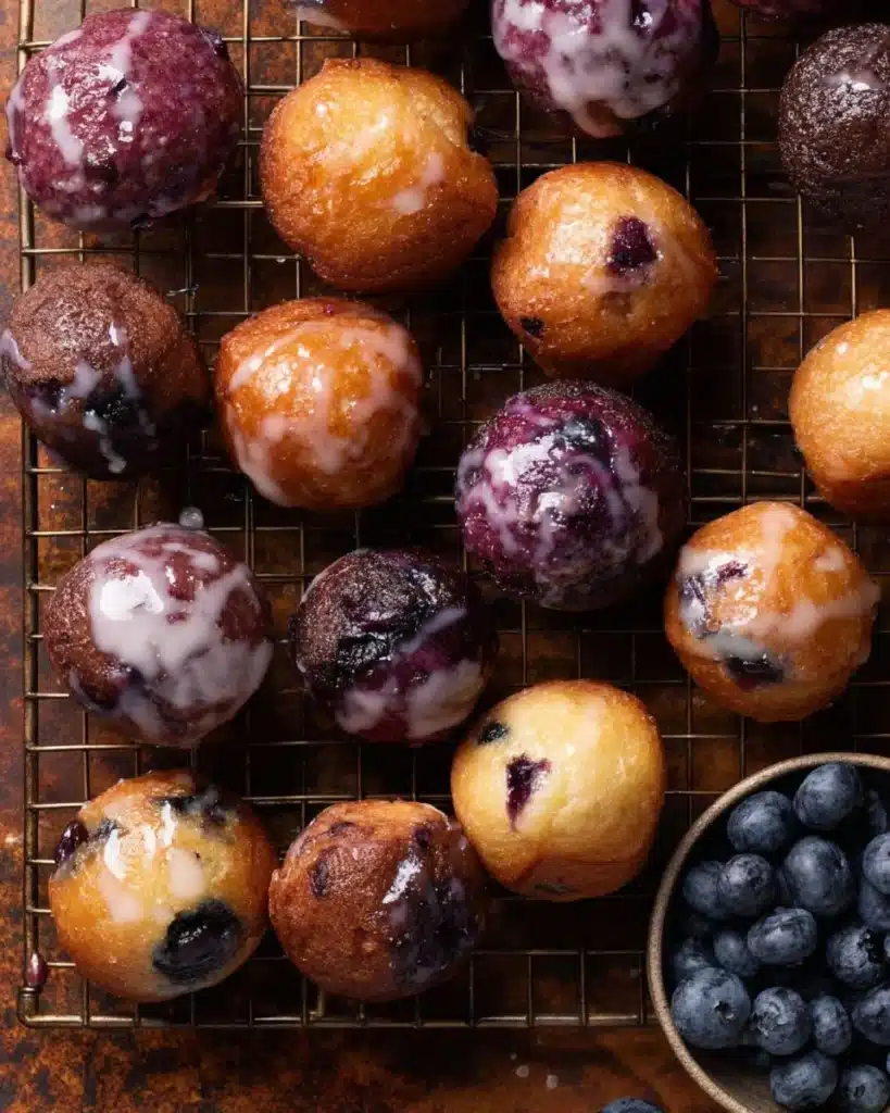 Delicious blueberry cake donuts with blueberry glaze on top