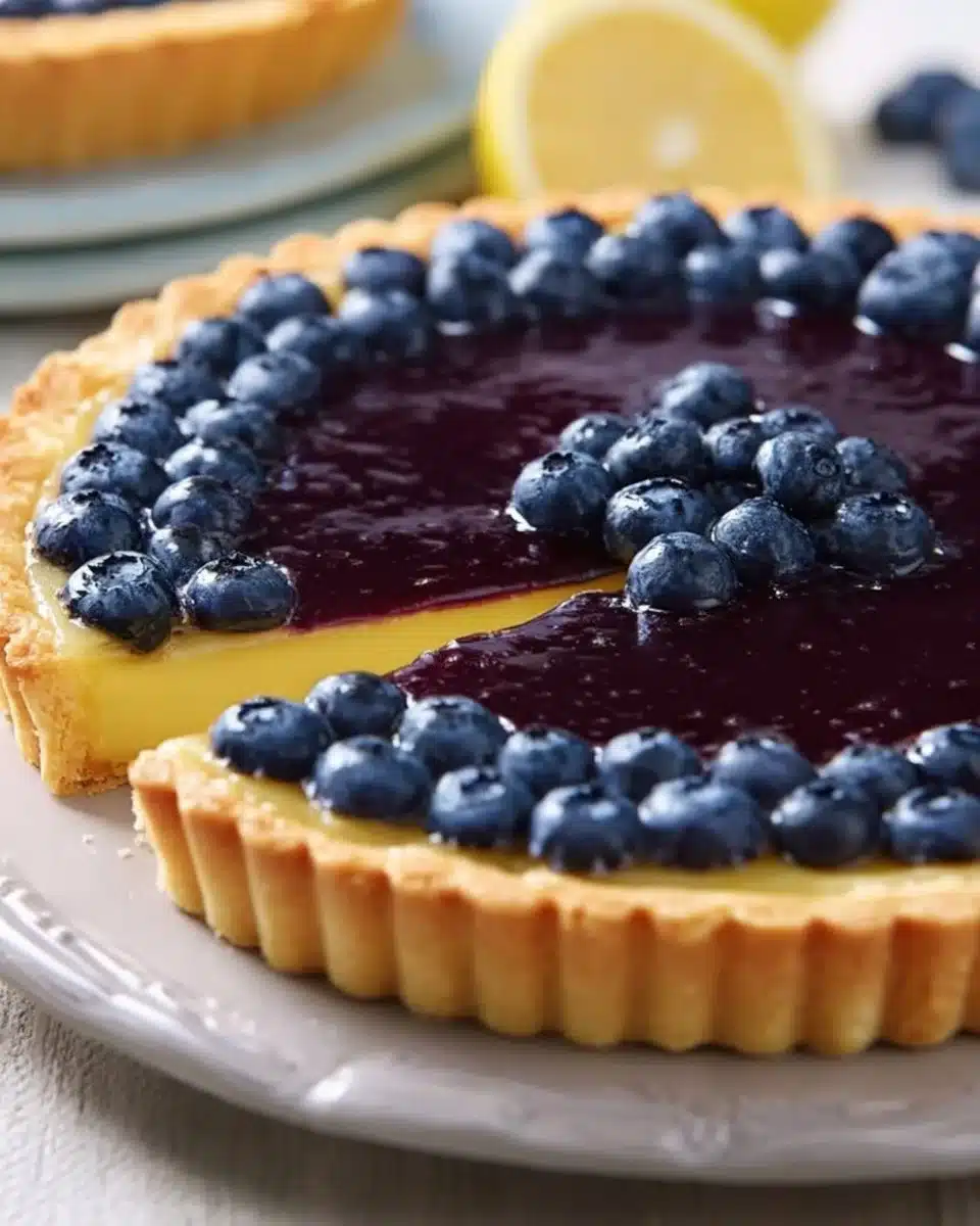 Delicious blueberry lemon curd tart with a golden crust and vibrant filling
