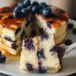Fluffy blueberry pancakes topped with fresh blueberries and syrup