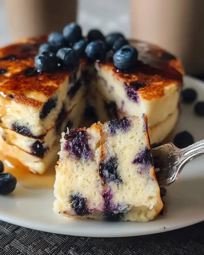 Fluffy blueberry pancakes topped with fresh blueberries and syrup