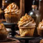 Delicious Butterbeer Cupcakes topped with creamy foam frosting.