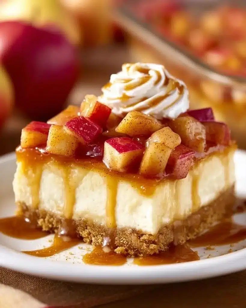 Delicious Caramel Apple Cheesecake topped with caramel and apple slices.