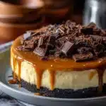 Delicious Caramel Brownie Cheesecake with layers of brownies and caramel drizzled on top