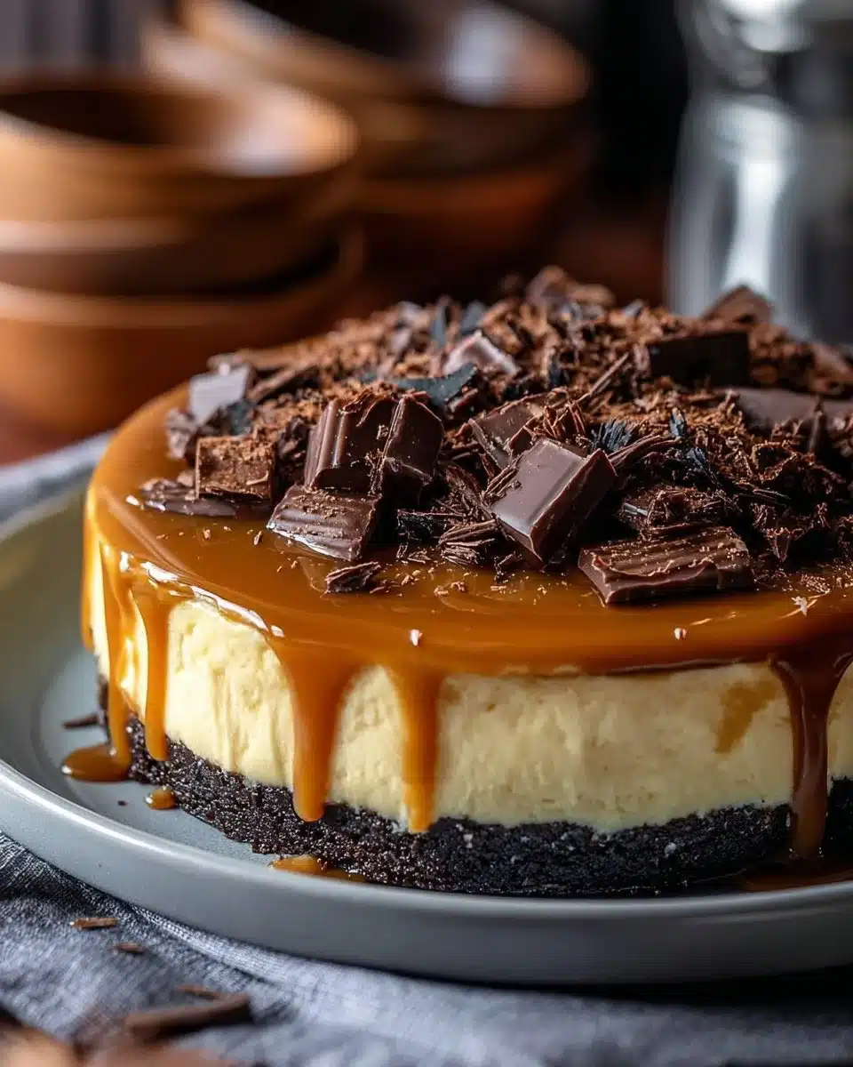 Delicious Caramel Brownie Cheesecake with layers of brownies and caramel drizzled on top