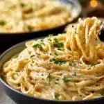 Delicious garlic parmesan spaghetti with cream cheese topped with parsley